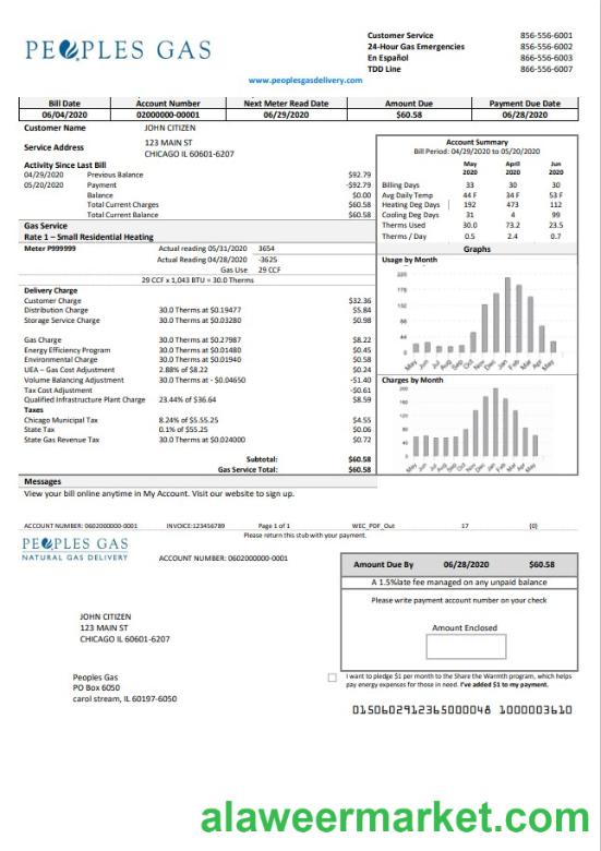 USA Illinois Peoples Gas utility bill template in Word and PDF format